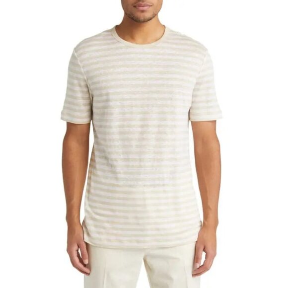 Hugo Boss Tiburt Stripe Linen T-shirt 100% Linen, Open White Size M - Picture 1 of 11